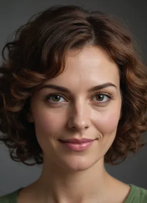 Ultra-detailed photorealistic portrait of a mature European woman, age 45–50, with a long narrow oval face and intelligent expressive eyes. Face noticeably longer than wide, soft tapered jawline, delicate rounded chin, subtle cheekbones without angularity. Fair neutral-warm skin with realistic texture, visible pores, faint under-eye lines and natural nasolabial folds. Medium-sized hazel-brown eyes with soft green undertones, slightly rounded shape, heavy upper eyelids, emotionally attentive gaze. Eyebrows medium-thick, natural, softly angular, positioned relatively low above the eyes. Long narrow straight nose with refined bridge and softly rounded tip. Lips highly characteristic, thin upper lip, fuller lower lip, natural muted berry-pink tone. Warm genuine smile showing upper teeth naturally, slight asymmetry in mouth corners, expressive cheeks lifting softly. Thick chestnut-brown curly hair with warm copper undertones, layered shoulder-length curly bob with dense natural volume around temples and sides of the face. Intelligent, emotionally warm, psychologically observant appearance. Natural candid photography aesthetic, cinematic realism, documentary portrait style, soft daylight, shallow depth of field, 85mm lens, realistic mature beauty, subtle asymmetry, no glamour retouching, ultra realistic skin detail, photorealistic RAW photo.