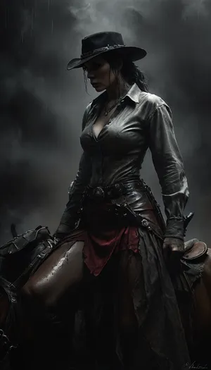 Monochrome, Wild West 1790, a super sexy athletic and flat-chested gunslinger riding her horse through the amazing Rocky Mountains on a hard rainy day, (sits on horse saddle:1.7), lasso on saddle, (entire horse in frame:1.3), (hard rain:1.3), (soaked wet clothes:1.3), she wears, (a wet long beige dirty used coat:1.3), underneath a wet white cotton rough men's shirt with buttons, (a wet dark red miniskirt:1.4), (black fishnet stockings:1.4), cowboy boots, (a cartridge belt with a pistol holder around her waist:1.4), her very wet black hat is pulled low over her face, perfect face, perfect hands, dangerous aura, leaning forward against the rain and mist, wet perfect horse, breathtaking nature, (oil lamp in one hand:1.3), warm golden lamplight in rainy darkness, emphasizing a cinematic, dystopian cowboy atmosphere, art Style & Technique is a dirty old style, Ultra-realistic digital painting with cinematic depth of field. Highly detailed texturing on leather, skin, and hair, dramatic contrast lighting and warm oil lamp light, a sharp foreground focus and a slightly blurred background to create depth, masterpiece, best quality, ultra-detailed, cinematic lighting, wild west, smoking weed, cannabis, Ultra-realistic Western art, highly detailed, cinematic moody lighting, tense but charismatic atmosphere, FRESHIDEAS, Real, Photography, 2#, Black, and, white, art, black, shading, charcoal, toned, brutal, dark, b/w, color, scheme, kisyu, horse, full body view, riding, <lora:FRESHIDEAS Real Photography 2#:.8>, <lora:MJ52:.8>, <lora:Black and white art.V1:1.9>, <lora:kisyu_XL_V1.0:.8>, <lora:dark:.2>