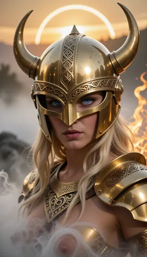 8k hyper-realistic cinematic masterpiece. A divine blonde Valkyrie emerging from the morning fog. She wears a historically accurate 8th-century Scandinavian 'spectacle' helmet, (Vendel-style), made of mirror-polished gold. The helmet is a smooth, rounded golden dome with a central reinforced crest and a protective mask over the eyes, it is strictly WITHOUT HORNS, featuring a clean, aerodynamic silhouette. The intricate Nordic filigree is carved directly into the flat metal plates. Her fierce ice-blue eyes stare through the ocular mask with cold, savage dominance. Her lower body remains ethereal, dissolving into swirling white mist, while her upper golden armor gains sharp, physical definition under the rising sun. The light hits the smooth, hornless surface of the helmet, creating a blinding specular highlight. Behind her, a golden sun creates a holy halo, turning the surrounding fog into a sea of liquid fire. Volumetric lighting, 'God rays' highlighting the smooth metallic curves of the golden headgear. 50mm lens, f/1.8, razor-sharp focus on the fierce gaze and the polished metal texture. Pure mythological transcendence, devoid of fantasy clichés.