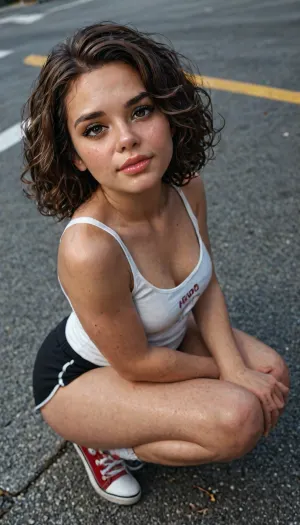 (19 year old latina:1.3), high angle close up, squatting, voluptuous woman, hyper exaggerated hourglass figure, (4ng3l face:1.3), oval face shape, rounded chin, rounded jawline, soft face contour, beautiful face, extremely beautiful, perfect skin, moist and shiny skin, brown hair, curly fluffy hair, hazel eyes, high cheekbones, sporty shorts, tank top, converse shoes, chubby cheeks, massive thighs, massive ass, small nose, small breasts, hyper plump lips, teasing expression, street, idol makeup, dark red lipstick, heavy eyeliner, professional photograph shot on kodak, 35mm photo, sharp focus, high budget, cinemascope, 100 mm lens, 1/250 s, f/2.8, ISO 300, <lora:detailed_notrigger:.8>, <lora:LCMTurboMix_Euler_A_fix:.8>, <lora:photorealistic_portrait_notrigger:.8>, <lora:JuggerCineXL2:2>