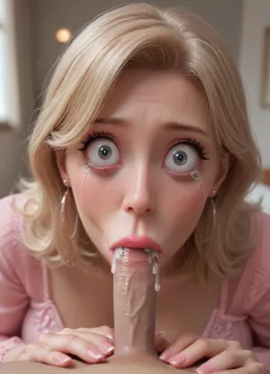 fellatrix artstyle, fellatrix style, POV, (milf, bimbo:1.9), sexy, blowjob, (eye contact), (wide eyes:2.3), (vacuum blowjob:1.7), big lips, (cum:1.3), (tears:1.8), (small penis:1.3), bra, long fingernails, foreskin
