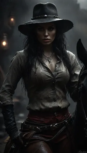 Monochrome, Wild West 1790, a super sexy athletic and flat-chested gunslinger riding her horse through the amazing Rocky Mountains on a hard rainy day, (sits on horse saddle:1.7), lasso on saddle, (entire horse in frame:1.3), (hard rain:1.3), (soaked wet clothes:1.3), she wears, (a wet long beige dirty used coat:1.3), underneath a wet white cotton rough men's shirt with buttons, (a wet dark red miniskirt:1.4), (black fishnet stockings:1.4), cowboy boots, (a cartridge belt with a pistol holder around her waist:1.4), her very wet black hat is pulled low over her face, perfect face, perfect hands, dangerous aura, leaning forward against the rain and mist, wet perfect horse, breathtaking nature, (oil lamp in one hand:1.3), warm golden lamplight in rainy darkness, emphasizing a cinematic, dystopian cowboy atmosphere, art Style & Technique is a dirty old style, Ultra-realistic digital painting with cinematic depth of field. Highly detailed texturing on leather, skin, and hair, dramatic contrast lighting and warm oil lamp light, a sharp foreground focus and a slightly blurred background to create depth, masterpiece, best quality, ultra-detailed, cinematic lighting, wild west, smoking weed, cannabis, Ultra-realistic Western art, highly detailed, cinematic moody lighting, tense but charismatic atmosphere, FRESHIDEAS, Real, Photography, 2#, Black, and, white, art, black, shading, charcoal, toned, brutal, dark, b/w, color, scheme, kisyu, horse, full body view, riding, <lora:FRESHIDEAS Real Photography 2#:.8>, <lora:MJ52:.8>, <lora:Black and white art.V1:1.9>, <lora:kisyu_XL_V1.0:.8>, <lora:dark:.2>