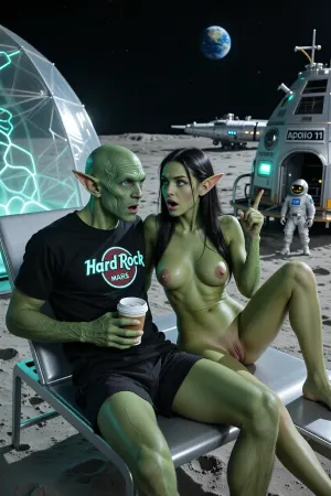 A hyper-realistic, cinematic scene on the Moon’s surface shows a serene alien couple on a futuristic vacation, both identical in appearance, with rich green skin, intricate facial wrinkles, and large, expressive turquoise eyes, their ears pointed and elongated, their entire skin is rich green, both wearing matching casual futuristic outfits, the male wears a black t-shirt with a glowing “Hard Rock Café Mars” logo, he holds a cup of coffee, green skinned, he looks shocked, and the hot naughty green skinned nude female, (she has three detailed tits), opened legs, detailed vagina, they sit in sleek, metallic sun loungers, with a shimmering, translucent alien tent next to them, glowing softly with bioluminescent patterns, their green bodies are slightly forward as they look at each other in shock, female pointed angrily over her shoulder at the distant human spacecraft, which rests about 60 to 70 meters behind them, the astronaut emerges from the iconic Apollo 11 lunar module, with printed letters "Apollo 11", a small but highly detailed figure, capturing the historic 1969 moon landing, the Earth appears in the background as a small, vibrant blue orb, floating in the dark sky, the lunar ground is fine dust, marked by subtle footprints, the lighting is soft and natural, casting long shadows, and the composition divides clearly, with the alien couple on the left, gazing to the right, where the spacecraft lies deep in the frame, the Earth above them is a constant reminder of home, and the scene evokes the historic Apollo mission, blending wonder, history, and alien curiosity in a perfect, timeless snapshot of discovery