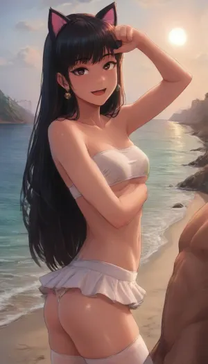 (((solo:1.8), beach, ocean, summer sky, chitanda eru, Hyouka, (dynamic view:1.1), (blush), (((full large soft boobs flattened by ultra tight bandeau bikini top:1.8), bulging boobs outside bandeau bikini:1.8))), shiny skin, (slim body), (black cat bandeau bikini:1.2), sparkling eyes, (dynamic pose:1.1), cat ears, ((cute girl with big natural soft boobs are pressed by tight bandeau bikini top, soft cleavage pressed and flattened by extra tight bandeau bikini top)), cat tail, wet skin, happy, open mouth smile, paw pose), ((clean hd face, ultra detailed face, 8k sharp face details)), ((white stockings with garter belt, under a white mini skirt)), cameltoe, ((wearing a top fishnet with an erotic bra, long sleeves)), ((very tiny small tight fitness ass)), (1girl hot korean idol, kpop), (korean idol girl), (long black hair), 18 yo, (((thin perky boobs))), moaning from pleasure, cute perfect face, ear pierced, earring, (((petite body))), black_eyes, makeup, long black eyelashes, oil body, insanely hot, incredibly beautiful, ((tanned skin)), slender thighs, cute face, perfect hourglass figure, dark tan, brown eyes, sensual, ((looking at viewer, flirtry)), arousing face, score_9, score_8_up, score_7_up, score_6_up, 2d, hand-drawn, digital, sketch, (Shimanto Shisakugata style), (shiny skin), ((flirtry, sex appeal, light naughty smile)), ((petite slender body)), seductive face, ((long hair)), ((Melkor mancin meet reiq style)), ((hot 18 yo, Petite girl)), (((slender body, skinny body, petite body))), perfect face, high quality face, ultra realistic face, ((sun tanned skin)), dark skin, sensual face, D.Va, Overwatch, nagatoro, hayase, reiq style, (terasu_mc), j_cartoon, orie, Luis, Royo, EnD_1980s_Style, retro, artstyle, 1980s, (style), (Goblin, Slayer!\), maiden, anime, style, guweiz, SamDoesArts, <lora:HandDrawnAnimeV1:1.3>, <lora:guweiz:1.2>, <lora:SDXLSamDoesArts:1>, <lora:Maiden_in_law_manhwa_style:1.3>, <lora:NEOTOKIOXL_0.2_RC:1.3>