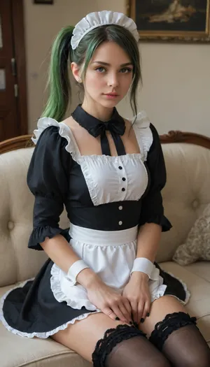 masterpiece, best quality, (cel shading:2), (realistic:1.5), hard shadows, sharp shadows, vibrant colors, 2d, high contrast, stylized art, 1girl, solo, green hair, long hair, side ponytail, hair between eyes, grey eyes, black nails, nail polish, maid headdress, thighhighs, black thighhighs, frilled thighhighs, maid apron, black dress, apron, dress, wrist cuffs, frills, alternate costume, sitting, looking at viewer, indoors, couch, flower