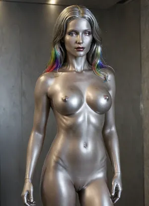 The girl is cast from stainless steel maximum realism exactly matches the description The statue is a completely naked all-metal virgin with large spherical breasts and long nipples polished to a mirror shine, (very detailed open pussy made of rainbow metal:1.3), beautiful facial features with long shiny eyelashes, (metal:1.9), artoflips, uoclips, lips, lipstick, art, of, ((cast from stainless steel)), ral-polishedsteel, wood, statue, marble, bronze, heart_areola, <lora:ral-polishedsteel-sdxl:2>, <lora:Statue_XL:2>, <lora:Heart_Areola_Nipple_SDXL:1.8>