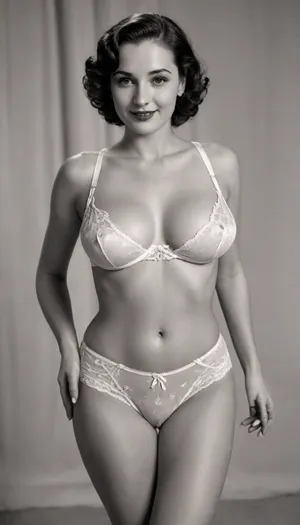 (black & white picture), . This is the page of a lingerie catalog of the 30's, we find the same model in each photo. She wears white lingerie typical of the 1930's. there are four photos in all. full body view, smile, (saggy breasts:1.5)