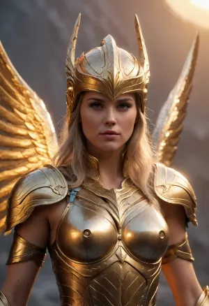 (Ultra-realistic, 8k UHD), mist at dawn, a beautiful scandinavia valkyrie in golden valkyrie armor and a winged helmet, bathed in the golden light of dawn that highlights details, detailed face, texture on the armor, (ambient mist), (dawn lighting), (close-up), body texture, armor texture, valkyrie, <lora:valkyrie_xl_v1:.8>