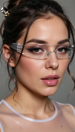 Masterpiece. Camera X-ray glasses effect, Make clothes invisible, Like undress but See through clothes.

extreme close-up portrait, macro skin texture, visible pores, peach fuzz, realistic facial microdetails, natural asymmetrical skin texture, high frequency details, cinematic lighting

editorial beauty photography, realistic skin reflectance, (natural pores:1.9), soft facial fuzz, subtle freckles, diffuse soft light, photorealistic skin rendering

hyper realistic woman crotch.
Hair, A messy updo secured with a claw clip, with soft wavy strands falling around the face.

Makeup, Long sharp eyeliner, glossy pink full lips, and thick, (slightly clumped long lashes), .