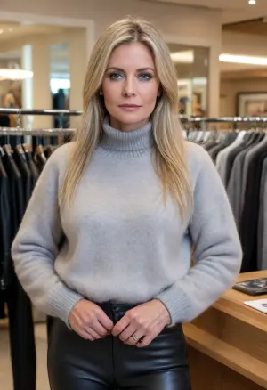 (masterpiece, best quality:1.2), 1 italian 50yo woman, solo, (black leather pants:1.3), (light grey high neck mohair sweater:1.4), silver necklaces and bangles, long straight blonde hair, bright ice blue eyes, hair with middle parting, hair tucked behind ears, stands indoors in an busy luxury fashion store, serious look, photorealism, <lora:SDXLHighDetail_v6-000005:.5>, <lora:Detailed_female_hands-000001:.5>