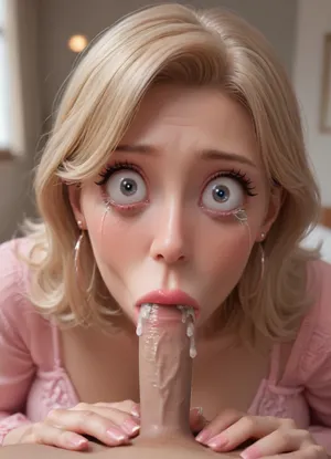 fellatrix artstyle, fellatrix style, POV, (milf, bimbo:1.9), sexy, blowjob, (eye contact), (wide eyes:2.3), (vacuum blowjob:1.7), big lips, (cum:1.3), (tears:1.8), (small penis:1.3), bra, long fingernails, foreskin