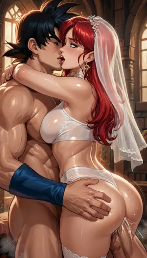 reiq meets anime style, Kirijo Mitsuru, fucked by massive penis, fucked by muscular goku from dragonball z, anal, anal penetration, from behind, sweaty, sweating, dripping sweat, steamy air, steam, mouth open, drooling, bottom in headlock, arm around bottoms neck, choking, overwhelming pleasure, ahegao, muscular goku groping woman chest, anime, ass sex, motion lines, crop top, wedding veil, dungeon room, MA3K, <lora:LCMTurboMix_Euler_A_fix:1.4>, <lora:EnvyBeautyXL02:1>, <lora:ratatatat74-000050:1.9>, <lora:Latex_Hood_With_Pigtails_SDXL:1.8>