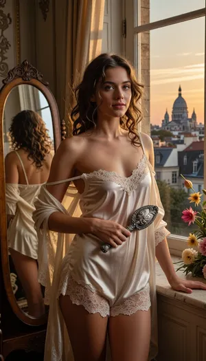 8k cinematic photograph. An elegant, high-ceilinged period room filled with voluminous golden sunset light. A young woman with loose wavy curls stands centered, wearing loose silk shorts and a lace-trimmed tank top, one strap has slipped off her shoulder with poetic grace. She has a breathtakingly beautiful face with a warm, serene expression, a soft enchanting gaze, and a faint, natural smile that illuminates her features. In one hand, she holds a vintage ornate silver hairbrush by its handle. Her other hand rests on a windowsill with exotic flowers. An open, sheer silk negligee is draped over her shoulders. Beside her, a vintage cheval mirror, (psyché), reflects her profile. Through the window, the zinc-topped skyline of Montmartre and the Sacré-Cœur are distinct against an amber dusk sky. Poetic atmosphere with soft shadows highlighting hyper-detailed skin pores, fine silk fibers, and delicate lace. Lighting features catchlights in her eyes and golden rim lighting on her silhouette. Shot from a medium distance on 85mm lens, f/1.2, for a razor-sharp focus on her captivating face and a creamy, softly blurred Parisian background. Muted pastel palette, dominant golden hues, high-fidelity detail, photorealistic masterpiece.