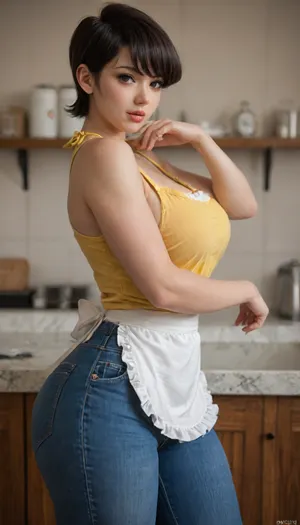 masterpiece, 4k, short hair, komi shuuko aka shouko’s mother, shuuko housewife outfit, apron, tight jeans, yellow shirt, massive curvy figure body, seductive, seductive eyes, (sexy pose:1.8), open mouth, pouty lips