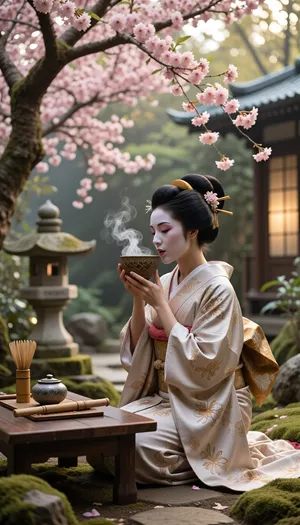 Cinematic still of a traditional Japanese geisha in a lush Zen garden. A cherry tree in bloom, its pink petals cascading down, is bathed in soft, diffused light filtering through its branches. The geisha wears a silk kimono finely embroidered with gold, a traditional katsura wig adorned with kanzashi, and white oshiroi makeup. She holds a handcrafted chawan tea bowl to her lips, from which a gentle steam rises. Nearby, a low wooden table displays a bamboo chasen and a natsume tea caddy. In the background, a kasuga stone lantern and a mossy path. Hyperrealistic textures, shallow depth of field, 8K resolution, serene atmosphere, soft bokeh.
