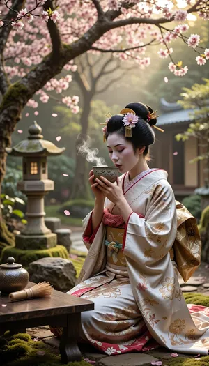 Cinematic photo of a traditional Japanese geisha in a lush Zen garden, cherry blossom tree in full bloom with falling pink petals, soft diffused sunlight filtering through the branches. The geisha is wearing an intricate silk kimono with gold embroidery, traditional 'Katsura' wig with ornate 'Kanzashi' hairpins, and white 'Oshiroi' makeup. She is holding a handmade 'Chawan' tea bowl to her lips, steam rising gently. Nearby, a low wooden table with a 'Chasen' bamboo whisk and a 'Natsume' tea caddy. Background features a stone 'Kasuga' lantern and a mossy path. Hyper-realistic textures, shallow depth of field, 8k resolution, serene atmosphere, soft bokeh."