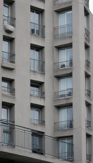 Two naked womens stand on the balconies, smoking, looking at each other, on either side of the entrance windows. Morning, city outskirts, early summer. A nine-story panel building. Long. View of the corner entrance. A gray, shabby building with large balconies facing the facade. There are also balconies on either side of the entrance windows, which are gray, cloudy, and cracked.