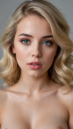 Mujer europea rubia de 19 años bellísima toda desnuda, con cabello largo con bucles y labios carnosos, ojos color castaño claros, cejas pobladas, tatuajes en los brazos, senos grandes cubiertos con el cabello, caderas y glúteos grandes, pecas y lunares en la piel. el fondo es un estudio de fotografía bien iluminado con la pared de color gris claro. calidad 4k.