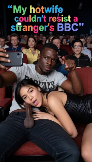 score_9, score_8_up, score_7_up, absurd_res, hi_res, A caption is written at the top with colors letters "My hotwife couldn't resist a stranger's BBC", (very muscular black man wearing casual clothes sitting on chair in a crowded movie_theater. the extremely attractive beautiful asian face's 20 years old girl with vivid brown eyes all fours on the next chair:1.9), the black man is selfie filming them with the celular the girl during the blowjob. The black man is filming to send to the girl's jealous father. The black man is pointing to the blowjob's girl on the selfie, the girl is wearing a Black sexy tight sundress, the black man roughly pushes the 20 years old girl's head on his big black penis. the girl is resting her head on to the black man's lap on a perfect blowjob, she is concentrate on the blowjob, stealth_sex, stealth blowjob sex, hidden blowjob sex, secret blowjob sex, party shirt, the girl's looks extremely happy, pleasuring, exhausted, rolling_eyes, the girl is sucking his dick trying to not get discovered, the girl is looking to the cellphone, detailed face, intricate details, hyperdetailed, very aesthetic, motion_lines