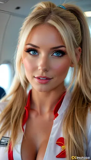 25 years old blonde air hostess, view from below. She is leaning in close to seduce you with her cleavage, she wants to fuck, super sexy leaning down to whisper to you to follow her to fuck, satin hostess uniform, cleavage, ((long blonde pony tail)), sensual eyes, close up, (open mouth, excited, orgasm, anticipation), <lora:attractive_notrigger:2>, <lora:BUT_SDXL_SHS:1.5>, <lora:Vivid Midjourney mimic - XL SDXL v2.0:1.9>