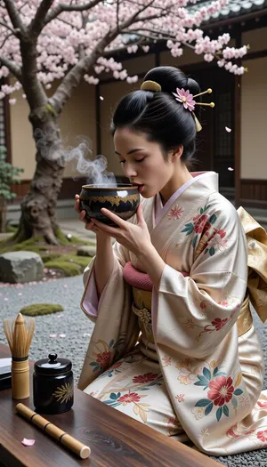 Cinematic photography, geisha in a Japanese garden, wearing a heavy silk kimono with intricate floral embroidery, Katsura wig, and Kanzashi hairpins. She is lifting a handmade ceramic Chawan bowl to her lips. Beside her on a wooden table, a bamboo Chasen whisk and a small, cylindrical black lacquer Natsume tea container with a flat lid. The ground consists of grey raked sand with sparse moss patches. In the background, a large blossoming cherry tree with pink petals falling. 8k, hyper-realistic, focus on the texture of the lacquer and the steam from the bowl, sharp details, serene atmosphere.