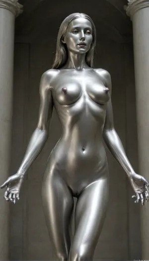 The girl is cast from stainless steel maximum realism exactly matches the description The statue is a completely naked all-metal virgin with large spherical breasts and long nipples polished to a mirror shine, (very detailed open pussy made of rainbow metal:1.3), beautiful facial features with long shiny eyelashes, (metal:1.9), artoflips, uoclips, lips, lipstick, art, of, ((cast from stainless steel)), longnips, ral-polishedsteel, wood, statue, marble, bronze, <lora:longnipsxl:1.4>, <lora:ral-polishedsteel-sdxl:2>, <lora:Statue_XL:2>