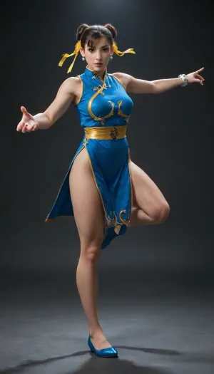 Photograph, Chun Li from the Street Fighter video game series. Chun Li is portrayed with fair skin and light brown hair styled in two buns with yellow ribbons. She has blue eyes and a determined expression. She is dressed in her iconic blue qipao with gold accents, showcasing her slim figure. Her hands are in a fighting stance, showcasing her muscular arms. The background is a misty, dimly lit environment with a blue hue. The image is a full-body shot, highlighting Chun Li's poised and powerful stance. The rendering is highly detailed, with realistic textures on her clothing and accessories., <lora:Chun-Li-SDXL:.8>, <lora:PantyPull-000005:.8>