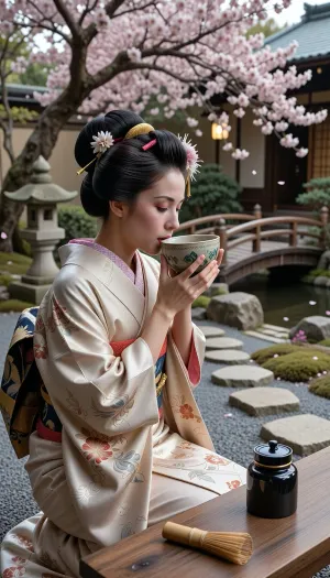 Cinematic photography of a Geisha in a Japanese garden, wearing an ornate silk kimono, Katsura wig, and Kanzashi hairpins. Both of her hands are delicately cupping a ceramic Chawan bowl, gracefully bringing it to her lips. Beside her on a wooden table, a bamboo Chasen whisk and a small, cylindrical black lacquer Natsume tea container with a flat lid. The ground is made of grey raked Zen sand with a traditional Tobi-ishi stone stepping path and sparse moss patches. In the mid-ground, a stone Kasuga lantern and a small curved wooden bridge over a stream. In the background, a large blossoming cherry tree with falling pink petals. 8k, hyper-realistic, elegant hand posture, sharp focus on the textures, serene atmosphere.