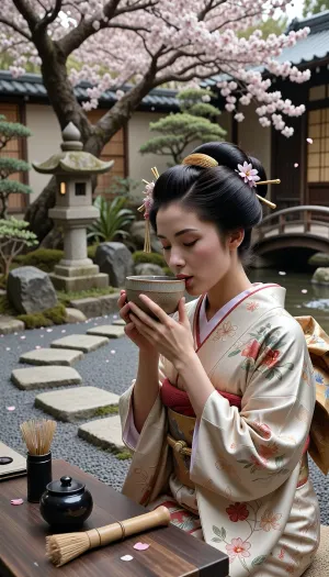 Cinematic photography of a Geisha in a Japanese garden, wearing an ornate silk kimono, Katsura wig, and Kanzashi hairpins. Both of her hands are delicately cupping a ceramic Chawan bowl, gracefully bringing it to her lips. Beside her on a wooden table, a bamboo Chasen whisk and a small, cylindrical black lacquer Natsume tea container with a flat lid. The ground is made of grey raked Zen sand with a traditional Tobi-ishi stone stepping path and sparse moss patches. In the mid-ground, a stone Kasuga lantern and a small curved wooden bridge over a stream. In the background, a large blossoming cherry tree with falling pink petals. 8k, hyper-realistic, elegant hand posture, sharp focus on the textures, serene atmosphere.