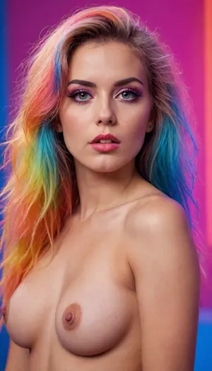 80s glamour Erotic model fashion modell, full body view, sexy body, long multi color hair, hairy pussy, neon background, <lora:HandFineTuning_XL:.8>, perfecteyes, <lora:lora-sdxl-perfect-eyes:.8>, <lora:CinematicStyle_v1:.8>, <lora:Brazilian_Perfect_Pussy_SDXL-000008:.8>