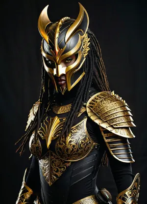 Photorealistic cinematic full-body portrait of a powerful female Predator warrior, highly detailed black and gold ornate armor, sleek black helmet with intricate golden decorative patterns and a sharp white-gold crest on top, glowing intense orange eyes, feminine version of the classic Predator mask with gold jaw and faceplate. Long thick black dreadlocks with gold rings and red beads flowing down her back and shoulders. Form-fitting black textured bodysuit with ornate golden chest armor featuring intricate filigree and embossed patterns, large ornate gold shoulder pauldrons, gold vambraces and gauntlets, wide gold belt with detailed central buckle, black mesh panels on arms and sides. She holds a sharp curved blade in her right hand. Confident powerful three-quarter standing pose, dramatic cinematic lighting with strong rim light and highlights on gold armor, deep shadows