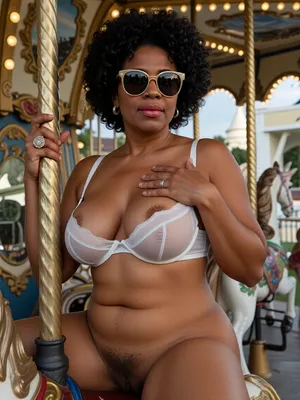 photo realism, masterpiece, best quality, (((very dark African American))), (grandma:1.6), (very big 1970s afro:1.6), very beautiful, wedding ring, (((big natural tits))), ((white sheer bra deep cleavage)), hairy pussy, (plump:1.5), sitting on a merry-g-round, mirror sunglasses, NEGATIVE_HANDS