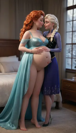 (milf), (mature:1.2), (chubby:1.2), ((Princess Merida:1.3), and, ((Princess Elsa extremely pregnant belly:1.7))), (frozen:1.2), ((Princess Anna kissing Princess Elsa)), ((huge sagging full natural breasts:1.6), (extra large dark areola:1.5)), (naked:1.5), high detailed skin, 8k uhd, dslr, high quality, detailed skin texture, highly detailed hair, sharp body, highly detailed body, realistic, soft focus, insanely detailed, highest quality, skin pores, skin imperfections, (bedroom:1), full body view, seductive, sexy legs, high resolution photography, friendly, flirty, ((Elsa kissing Anna)), blurry background, Bokeh, (embracing), (passionately)