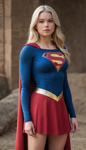 Milly is supergirl, busty, slender, fit girl, supergirl sexy outfit, Milly Alcock, millyalc, rha3, woman, long, white, hair, blond, <lora:sdxl_millyalc_v1:1.4>, <lora:rhaenyra young - rha3 woman sdxl:1.4>