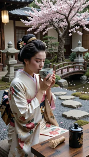 Cinematic photography of a Geisha in a Japanese garden, wearing an ornate silk kimono, Katsura wig, and Kanzashi hairpins. Both of her hands are delicately cupping a ceramic Chawan bowl, gracefully bringing it to her lips. Beside her on a wooden table, a bamboo Chasen whisk and a small, cylindrical black lacquer Natsume tea container with a flat lid. The ground is made of grey raked Zen sand with a traditional Tobi-ishi stone stepping path and sparse moss patches. In the mid-ground, a stone Kasuga lantern and a small curved wooden bridge over a stream. In the background, a large blossoming cherry tree with falling pink petals. 8k, hyper-realistic, elegant hand posture, sharp focus on the textures, serene atmosphere.