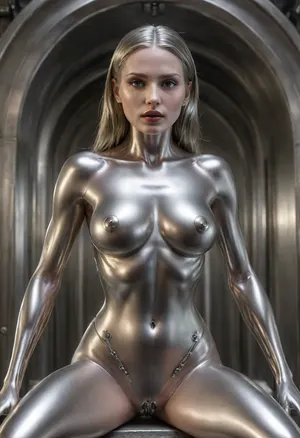 The statue is a completely naked all-metal virgin with large spherical breasts and long nipples polished to a mirror shine, ral-polishedsteel, (very detailed open pussy made of rainbow metal:1.3), beautiful facial features with long shiny eyelashes, (metal:1.9), artoflips, uoclips, lips, lipstick, art, of, ((cast from stainless steel)), A large, polished 3-inch bolt is inserted into the anus., <lora:ral-polishedsteel-sdxl:2>, <lora:Art_Of_Lips_PONY_XL_By_UOC:.8>