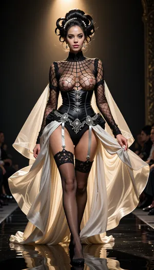 8k high-fashion runway photograph. A dark, liquid-like reflective catwalk. A stunning woman walks with a majestic, fluid gait. She wears an insolent couture ensemble made of ultra-fine, gossamer-thin black spider lace. The structured corset features a wide-spaced, microscopic hexagonal mesh that is entirely see-through, providing zero opacity and revealing the clear, sharp details of her bare breasts and skin through the delicate web. Underneath, a wide, sophisticated silk garter belt with intricate embroidery is prominently featured, its multiple sterling silver clasps and four taut silk straps are clearly visible, symmetrically holding up a pair of sheer lace-topped stockings. Floating independently from her waist, an immense, floor-length negligee of pleated silk chiffon is draped only over her shoulders and arms, billowing and catching the wind behind her like a translucent aura, leaving her entire legs and torso completely unobstructed. Her hair is styled in a sophisticated, voluminous editorial updo, with glossy, sculpted waves and fine pearls woven into the strands, creating a bold and artistic crown-like silhouette. The lighting is cinematic and dramatic, a warm, powerful spotlight from above carves her silhouette, creating a golden 'halo' effect on the floating chiffon and highlighting the sharp silver glints of the garter hardware, the pearls in her hair, and the photorealistic skin textures. Shot from a low angle with an 85mm lens, f/1.8, for a razor-sharp focus on the anatomical clarity, the intricate embroidery, and the metallic glints. Rich palette of deep black, champagne gold, and luminous skin tones. Breathtakingly sexy and ultra-sophisticated.