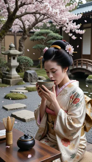 Cinematic photography of a Geisha in a Japanese garden, wearing an ornate silk kimono, Katsura wig, and Kanzashi hairpins. Both of her hands are delicately cupping a ceramic Chawan bowl, gracefully bringing it to her lips. Beside her on a wooden table, a bamboo Chasen whisk and a small, cylindrical black lacquer Natsume tea container with a flat lid. The ground is made of grey raked Zen sand with a traditional Tobi-ishi stone stepping path and sparse moss patches. In the mid-ground, a stone Kasuga lantern and a small curved wooden bridge over a stream. In the background, a large blossoming cherry tree with falling pink petals. 8k, hyper-realistic, elegant hand posture, sharp focus on the textures, serene atmosphere.