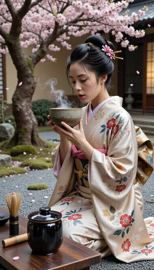 Cinematic photography, geisha in a Japanese garden, wearing a heavy silk kimono with intricate floral embroidery, Katsura wig, and Kanzashi hairpins. She is lifting a handmade ceramic Chawan bowl to her lips. Beside her on a wooden table, a bamboo Chasen whisk and a small, cylindrical black lacquer Natsume tea container with a flat lid. The ground consists of grey raked sand with sparse moss patches. In the background, a large blossoming cherry tree with pink petals falling. 8k, hyper-realistic, focus on the texture of the lacquer and the steam from the bowl, sharp details, serene atmosphere.