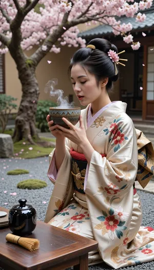 Cinematic photography, geisha in a Japanese garden, wearing a heavy silk kimono with intricate floral embroidery, Katsura wig, and Kanzashi hairpins. She is lifting a handmade ceramic Chawan bowl to her lips. Beside her on a wooden table, a bamboo Chasen whisk and a small, cylindrical black lacquer Natsume tea container with a flat lid. The ground consists of grey raked sand with small, sparse circular moss patches. In the background, a large blossoming cherry tree with pink petals falling. 8k, hyper-realistic, focus on the texture of the lacquer and the steam from the bowl, sharp details, serene atmosphere.