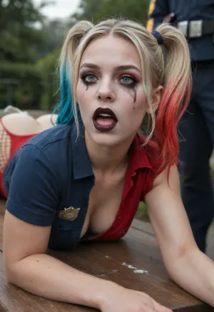 ((side front view)), (harley quinn), crystal blue eyes, ultra fit body, breathtaking beauty, ultra detailed, white and red tight revealing ultra detailed tattered suit, tattered fishnet tights, darkness atmosphere, outdoor, (((fuck by policeman))), on a park table, moon light, dark night black, (((black lipstick))), (((huge ejaculation))), prone bone, moaning, shy, (((ruined mascara))), blushing, (((wide open mouth))), sweaty, drooling, orgasm emotions, huge creampie, hard rapped, ((((lying on stomach on table)))), waist, hourglass figure, (((woman with a perfect body))), assjob, dick on hers, buttjob, massive ejaculation, cum on ass and back, black fishnet transparent ripped top, one breast exposed, fishnet ripped stockings, man hard grabbing her head, Dark, Fantasy, page, 1girl, blonde, Harley, Quinn, scary, <lora:Dark Fantasy:.8>, <lora:Halloween Series_ Harley Quinn_epoch_10:1>