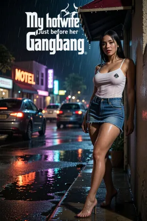A caption is written at the top with godfather style letters "My hotwife Just before her Gangbang"

It's the weekend, Marie is an asian hotwife, she has been out partying and is now walking back to Motel alone, perfect wet face, face in focus, she's dressed up sexy, a wet jeans miniskirt, a wet tight-fitting white shirt with thin straps and this logo ♠️, and stiletto heels. Marie is curvy and little chubby, almost skinny. Marie is very drunk, and unfortunately, (it has started to rain heavily:1.7), Marie's sexy clothes are soaked and cling to her skin, Her hard, (erect nipples stand out clearly beneath the thin fabric:1.4), Marie seeks shelter under a small awning and leans with her back against a wall, waiting for the monsoon rain to stop, She has a perfect expression. It's the middle of the night, neon signs reflect in puddles, cars drive by, kicking up water, everything is wet, 8k, high resolution, Marie in focus, very low light