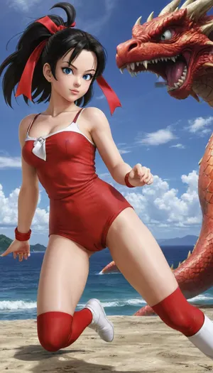 (Masterpice), (HD4K visual), (detailed background), 4K ultra-detailed image, HDR, enhancement, professional photography, detailed face, precise anatomy, (perfect body symmetry), (5 fingers per hand), maximum resolution, NSFW, "Anime style portrait of Videl from Dragon Ball Super, fair-skinned young woman with vivid blue eyes and short black hair, wearing a red headband, She is dressed in a simple red dress with a small devil face emblem on the chest, black leggings, and white high-heel boots. Slender yet athletic build, perky breasts, hairy pussy, soft and friendly expression, high-quality 2D digital art, breasts exposed, gumdrop nipples, bent over, on hands and knees, rear pussy exposed, showing off pussy, behind view, looking back at viewer, Akira Toriyama character design style, vibrant colors, clear sky background", Vidal, (dragon, ball_), PEAnimeBG, Background, anime, scenery, <lora:Dragon Ball_XL:1.4>, <lora:PE_AnimeBG:1.4>, <lora:rearpussy-xl-1.0:1.4>