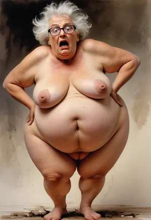 Ralph Steadman Style, Ralph steadman style, shocked and suprised curvy nude curvy old woman, with massive breasts, <lora:Ralph Steadman Style:1>