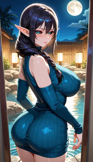 score_6, original, milf, mature female, (black long hair), (very short elf ears), black Sclera with bright blue iris, messily braided plait over her shoulder, beautiful eyes, sensual mouth, medium-sized breasts, blush, big ass, .

blue Knitted sleeveless sweater dress, dress with tribal pattern, woman has draped a wool stole with a tribal pattern over her shoulders, luminous blue bangles, standing on the water, mirror-smooth water surface, night, full moon, .

sensual mouth, Perfect face, perfect body, perfect eyes, perfect pupils, perfect fingers, round ass, (High, Resolution), (More, Details), (8K), DauntlessXL, Style, Fleshy, lips, Puffy, Detailed, wide, <lora:torino-XL-v2-ep20:.7>, <lora:DauntlessMixSDXL:.7>, <lora:Lips._Fleshy_lips_Anime-000009:.8>, <lora:ClearKing_XL_v1_AutoRunMech:.8>