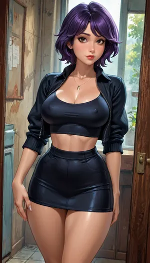 Go go Tomago from big hero 6, reiq style, large breasts, big thighs, makeup, black and purple hair, <lora:LCMTurboMix_Euler_A_fix:.8>