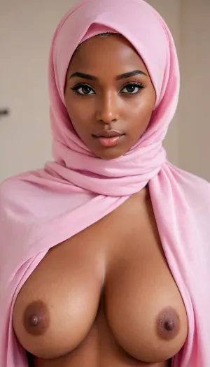 4k, soft light, masterpiece, best quality, highres, intense lighting, shallow depth of field, hentai manga drawing, anime style drawing, extremely detailed face, soft pink hiijab, scarf, undercap, soft cotton, nude upper body, huge sagging breasts, nipples, 1girl, ebony Somali girl, beautiful, brown skin, glowing skin, standing, shot from above, forced perspective, white background, simple background, melanin, <lora:melanin-XL:1.4>