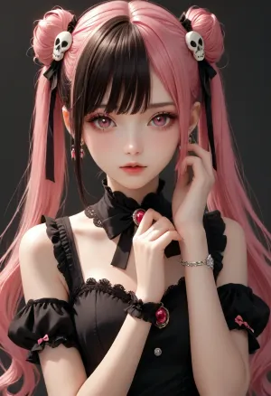 1girl, solo, long hair, breasts, looking at viewer, bangs, simple background, black hair, hair ornament, dress, bow, ribbon, bare shoulders, twintails, jewelry, very long hair, upper body, pink hair, short sleeves, multicolored hair, earrings, parted lips, detached sleeves, sleeveless, puffy sleeves, hand up, bowtie, pink eyes, grey background, hair bun, nail polish, black dress, puffy short sleeves, wrist cuffs, double bun, black bow, makeup, sleeveless dress, black background, brooch, gem, pink nails, skull hair ornament, <lora:Dusk_XL_Goth_Moon_dadapt_cos_1e-7:.8>