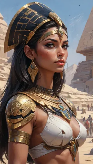 a highly detailed Close up oil painting in style of by Sam spratt and laurie greasley, a egyptian woman in an egyptian armor, Bombshell, egyptian eyeliner, Hair Like Cleopatra, ((egyptian headcloth)), (((nemes))), full egyptian armor, very busty, perfect round breasts, no visible nipples, (sideboob), Sideview, fantasy art, desert, Pyramids, full hd, metart, an oil on canvas painting, contest winner, figurative art, young woman with dark egyptian hair, an airbrush abstract figurative art, concept, art, by, syd, mead, retro, futuristic, flat, colors, <lora:Mecha_Ggorgeous_Armor-000011:.1>, <lora:concept_art_syd_mead:1>