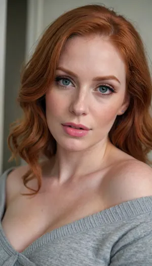 soft lips, mesmerizing eyes, redhead teacher, seducing viewer, romantic atmosphere, busty, curvy, close-up, mommy fetish, straight hair, secret fling, off-shoulder, fluffy sweater, sweaty skin, closet, undressing, wet